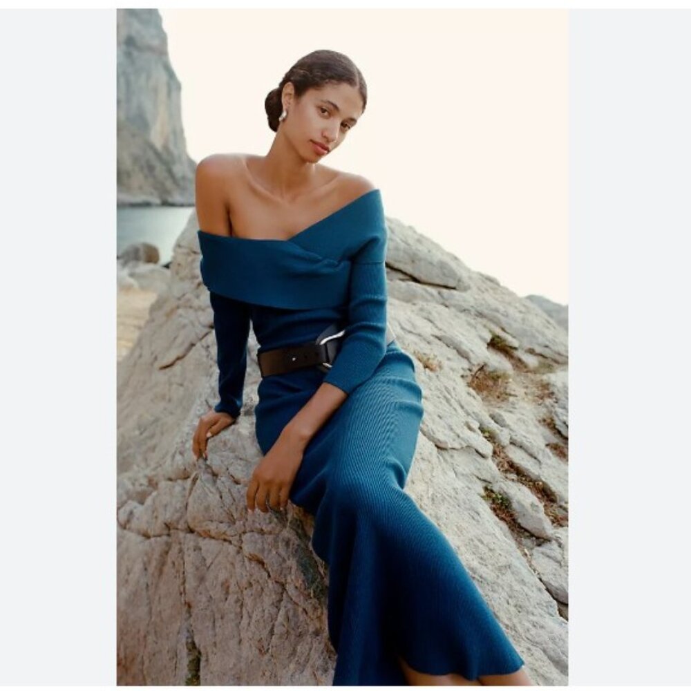 By Anthropologie Off-Shoulder Slim Sweater Dress - Blue Opal - Size Small - NWT